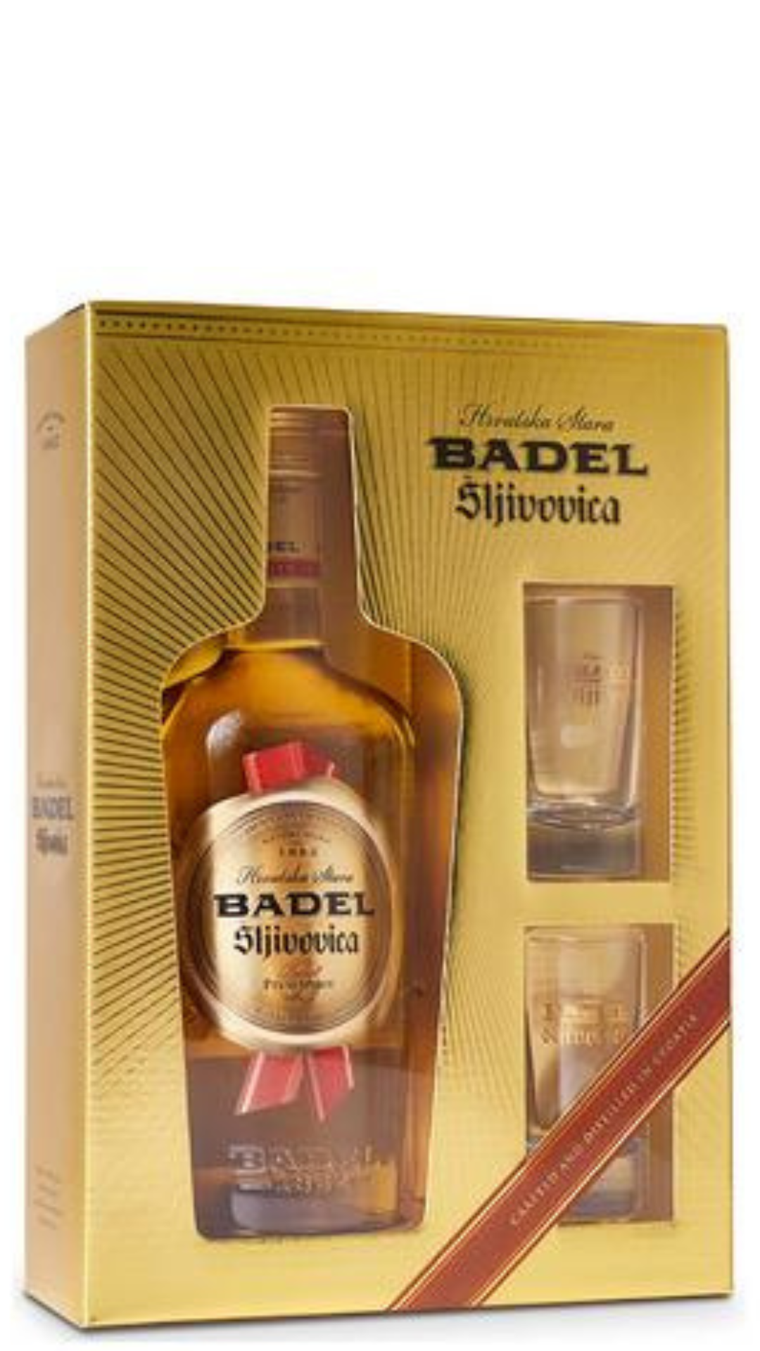 Badel Plum Brandy Gift Box with glasses, available for sale in Australia