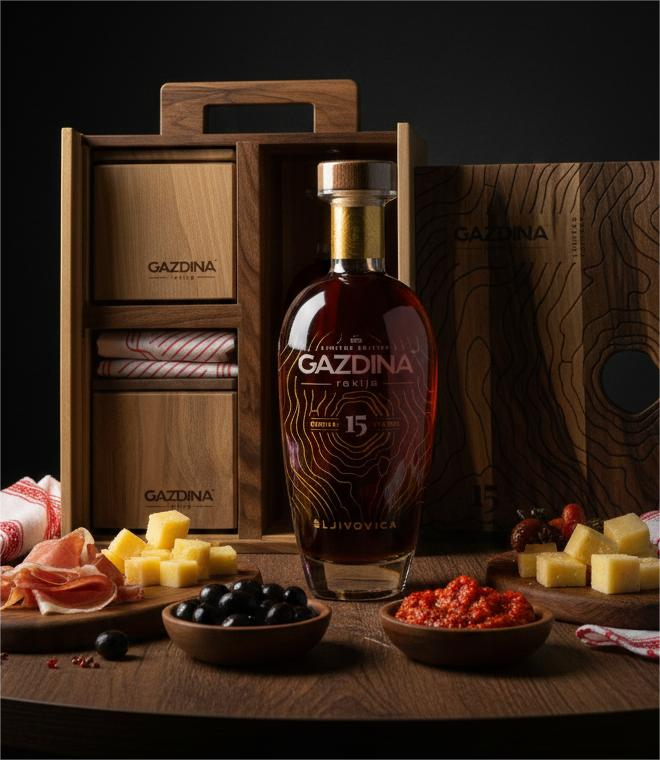 Gazdina 15 YO Šljivovica Luxury Wooden Gift Pack 700ml