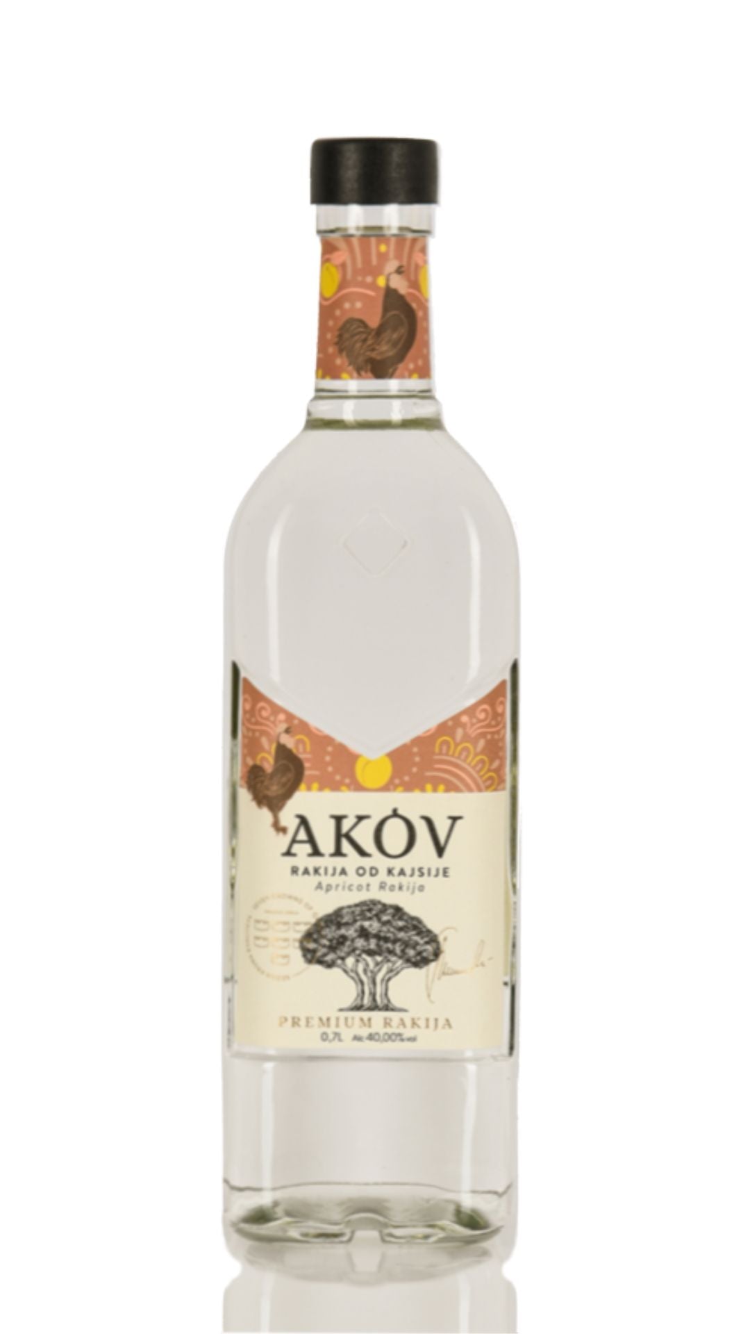 Bottle of Akov Apricot with a white label on a white background