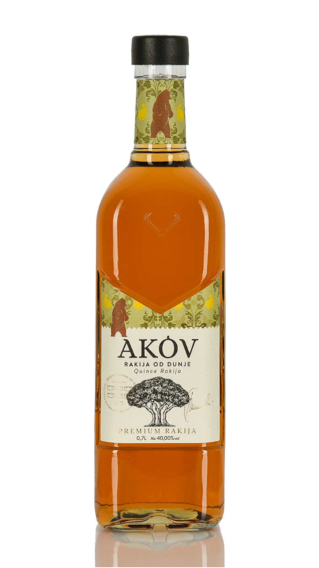 A bottle of AKOV Quince Brandy with a label depicting a tree and the text 'Quince Brandy with a distinctive taste, 40% alcohol by volume, 700ml'.