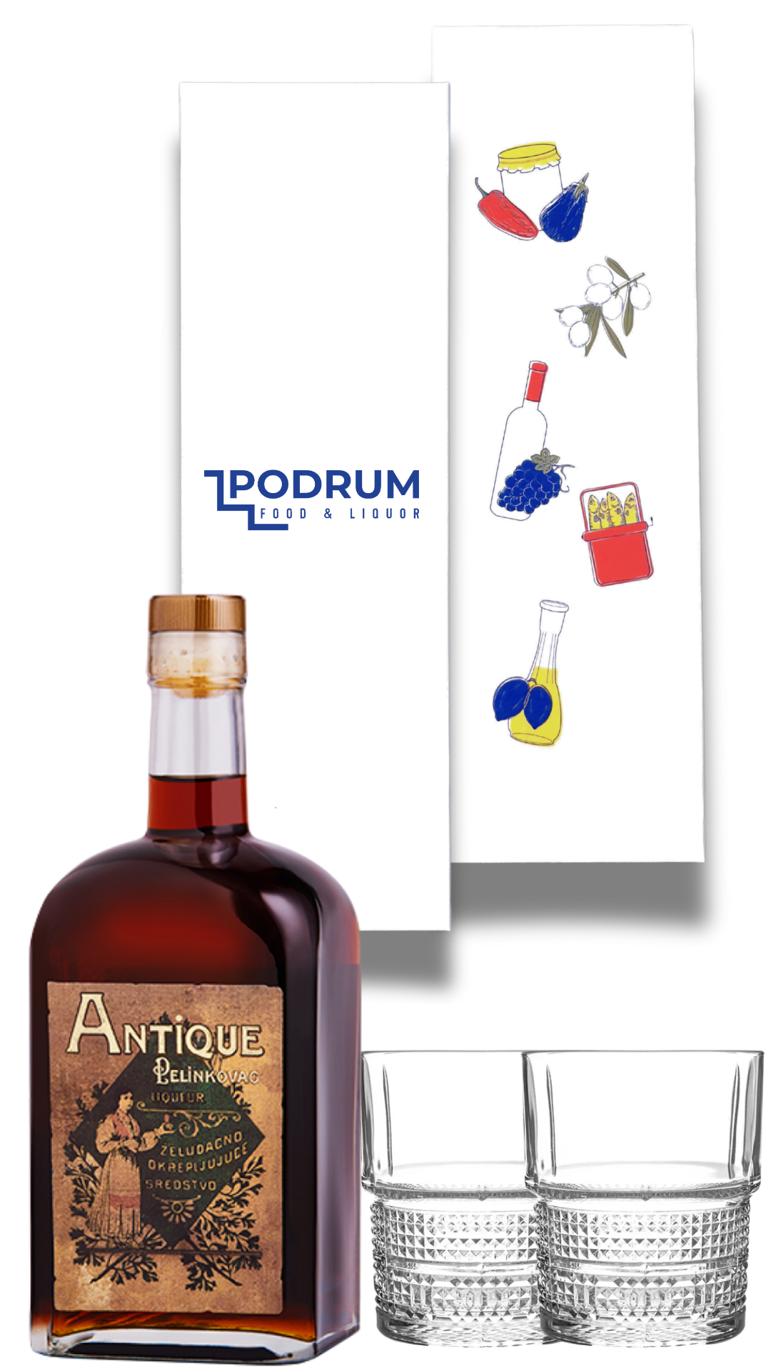 A gift hamper containing a bottle of Badel Pelinkovac Antique Herbal Liqueur and two glasses, with the brand name 'Podrum' visible on the packaging.