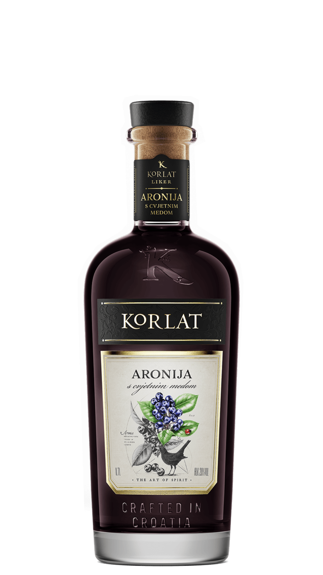 A bottle of Badel Korlat Aronija liqueur with a label featuring a bird, flowers, and the text 'Aromatica', indicating the flavor profile