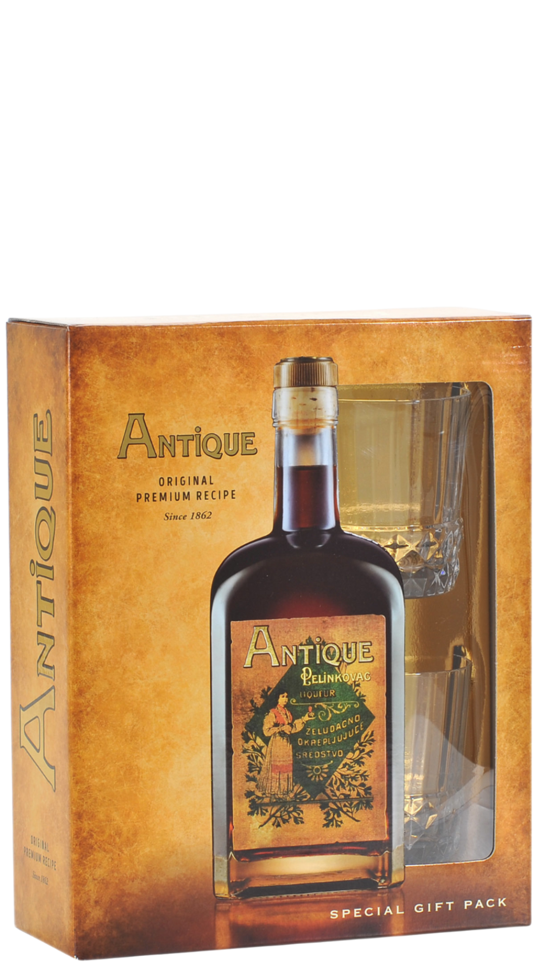Badel Antique Pelinkovac Gift Pack, featuring a bottle of premium Croatian herbal liqueur and two tumbler glasses in a special gift box.