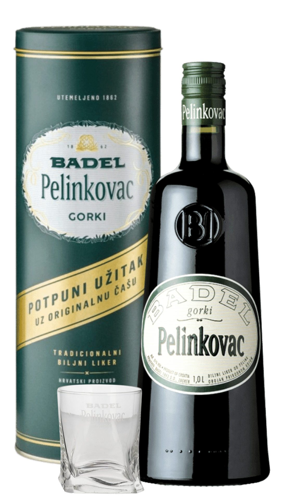 A bottle of Badel Pelinkovac herbal liqueur alongside its packaging box and a branded glass. The bottle is dark glass with a green label, and the box is green with white and red text.