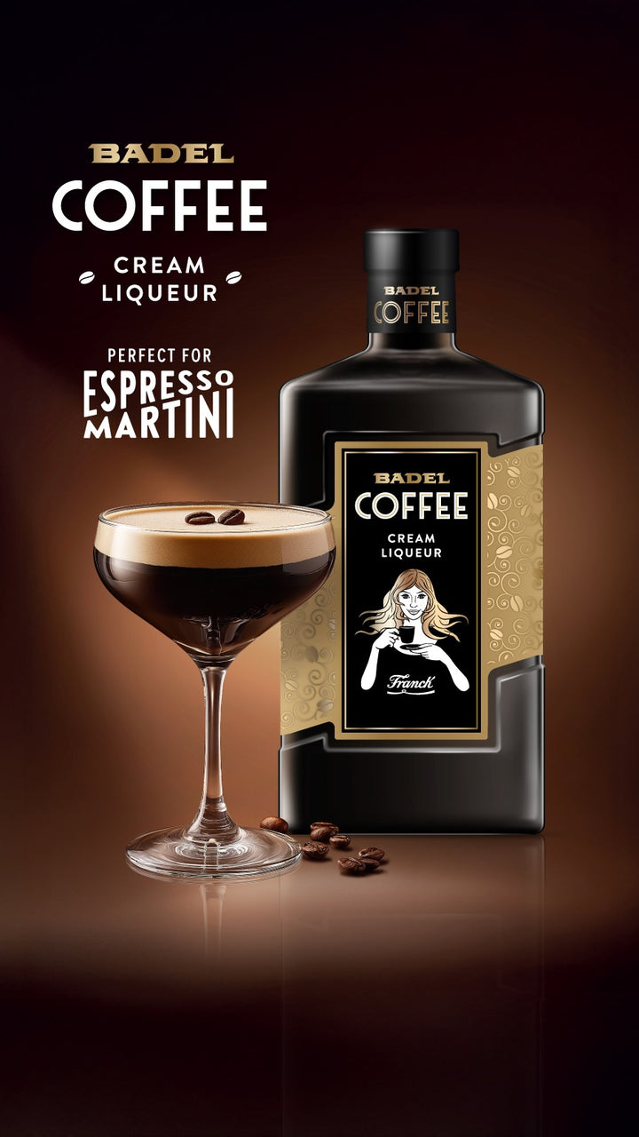 Bottle of Badel Coffee Cream Liqueur with a glass of espresso martini on a brown background
