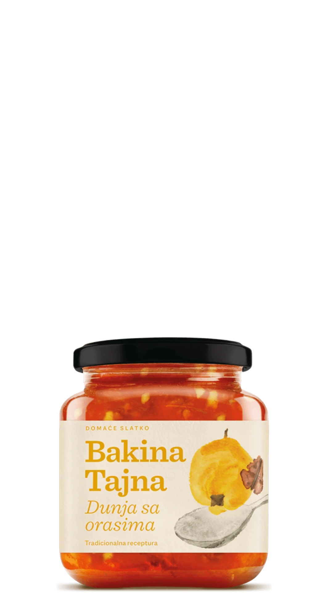 Glass jar of 'Bakina Tajna' Quince & Walnut Fruit Preserve with a label showing the product name and an image of a quince fruit. The jar is sealed with a black lid.