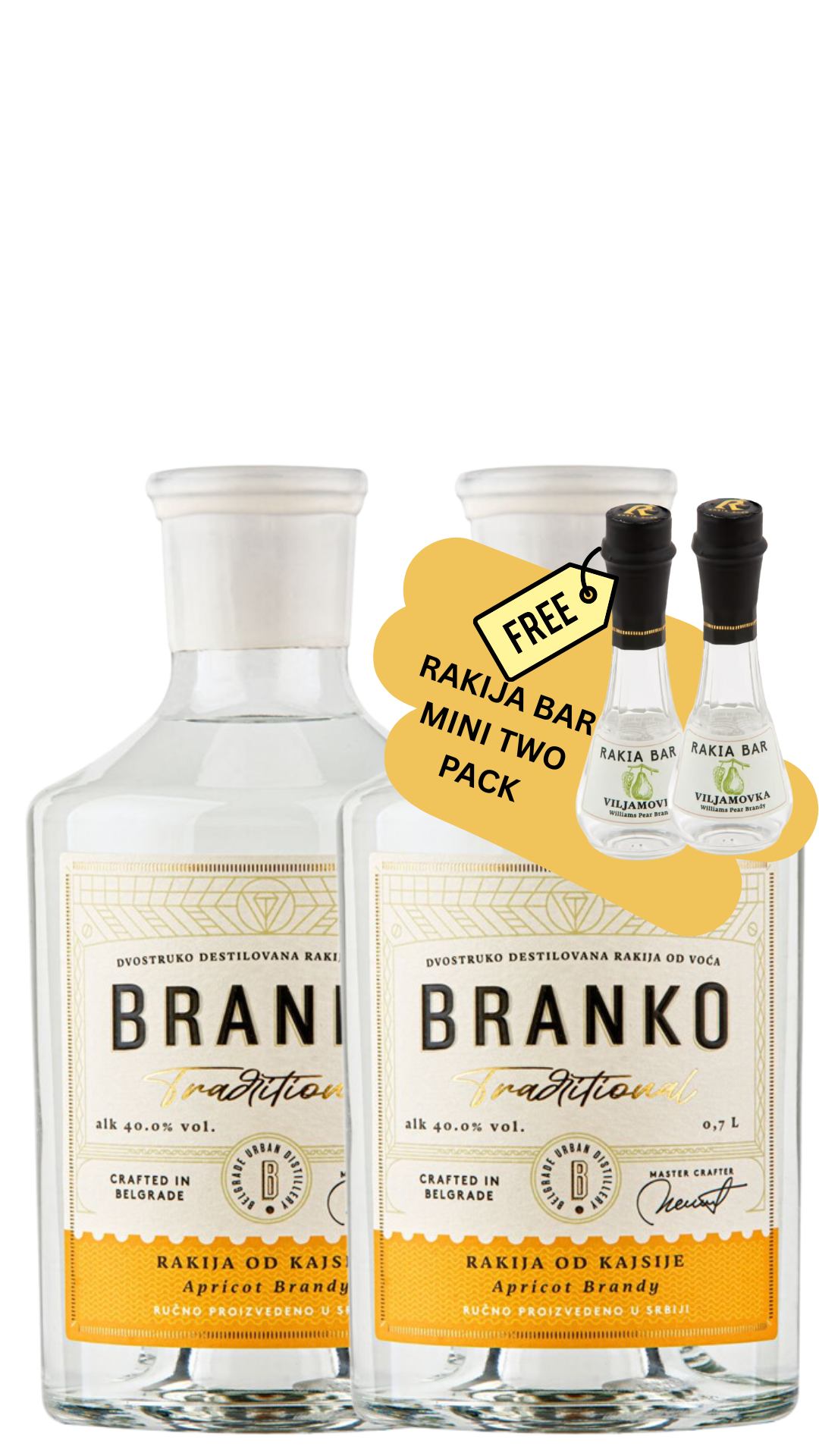 Two bottles of Branko Rakija with a free mini two-pack offer on a white background.