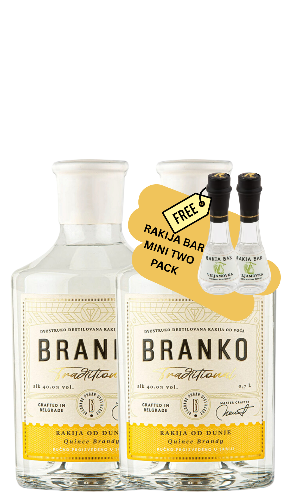Two bottles of Branko rakija with a free mini two-pack offer on a white background