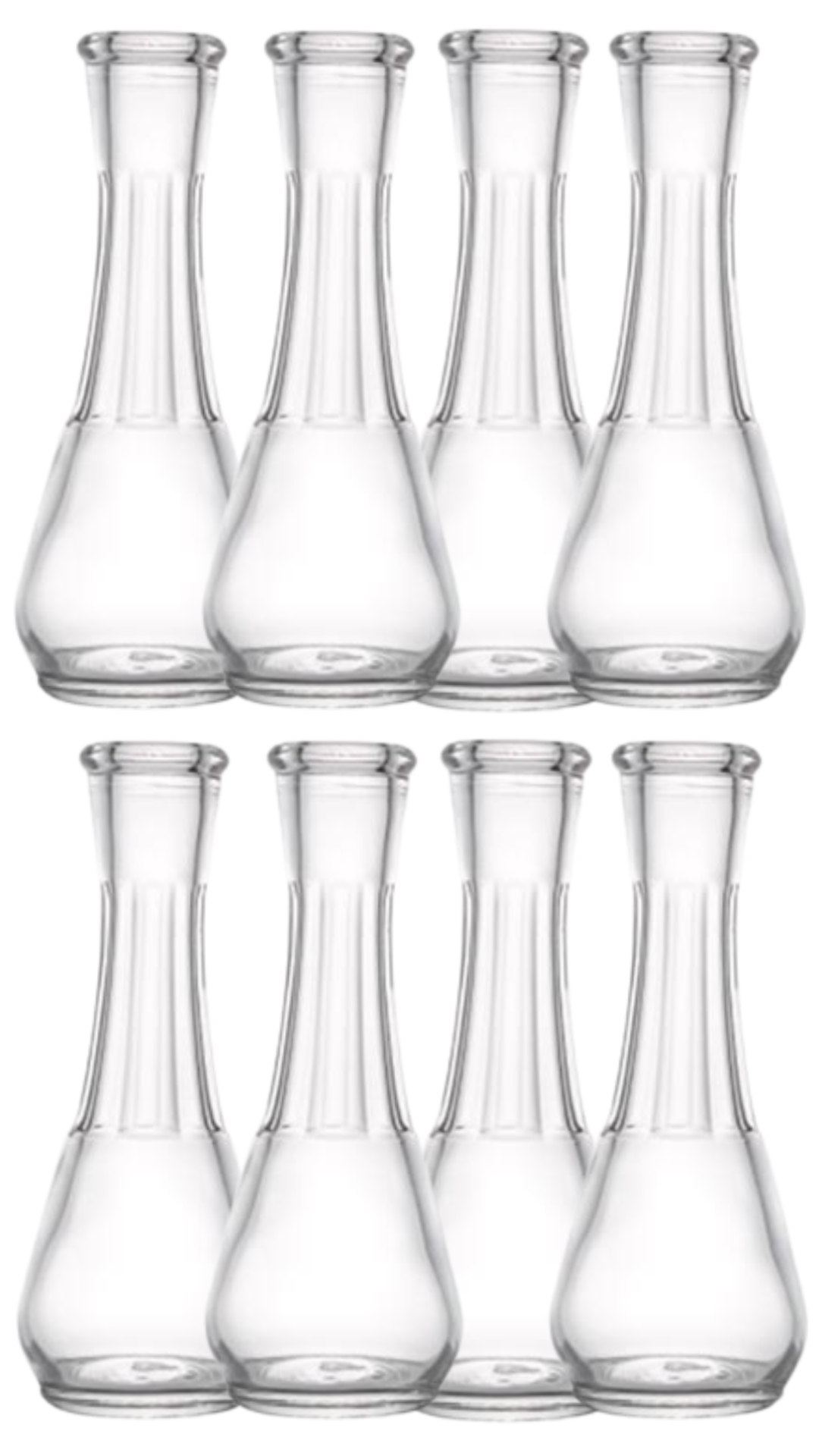 A set of eight clear glass bottles with a slender neck, typically used for serving rakija.