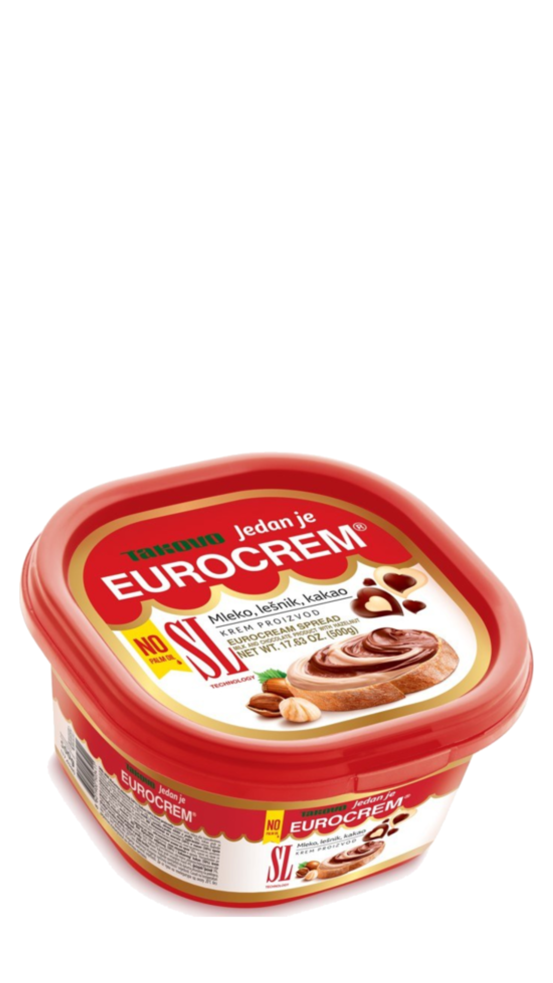 A container of Eurocrem hazelnut milk and cocoa spread with the lid open, showing the product inside.