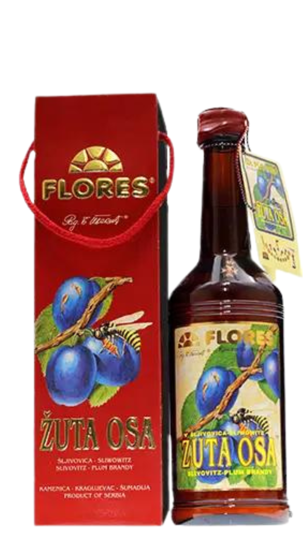 A bottle of Flores Zuta Osa Brandy in a gift box with a red and blue label featuring an image of a plum fruit. The box is presented with a bow and has the brand name 'Flores' visible.