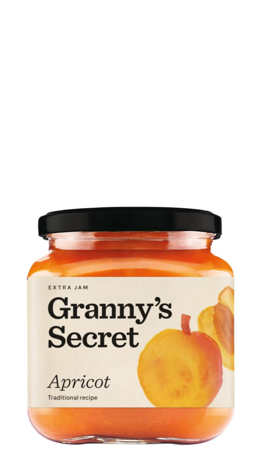 A jar of Granny's Secret Apricot Jam with a label showing an image of an apricot. The jar is clear, allowing the orange color of the jam to be visible, and it has a black lid.