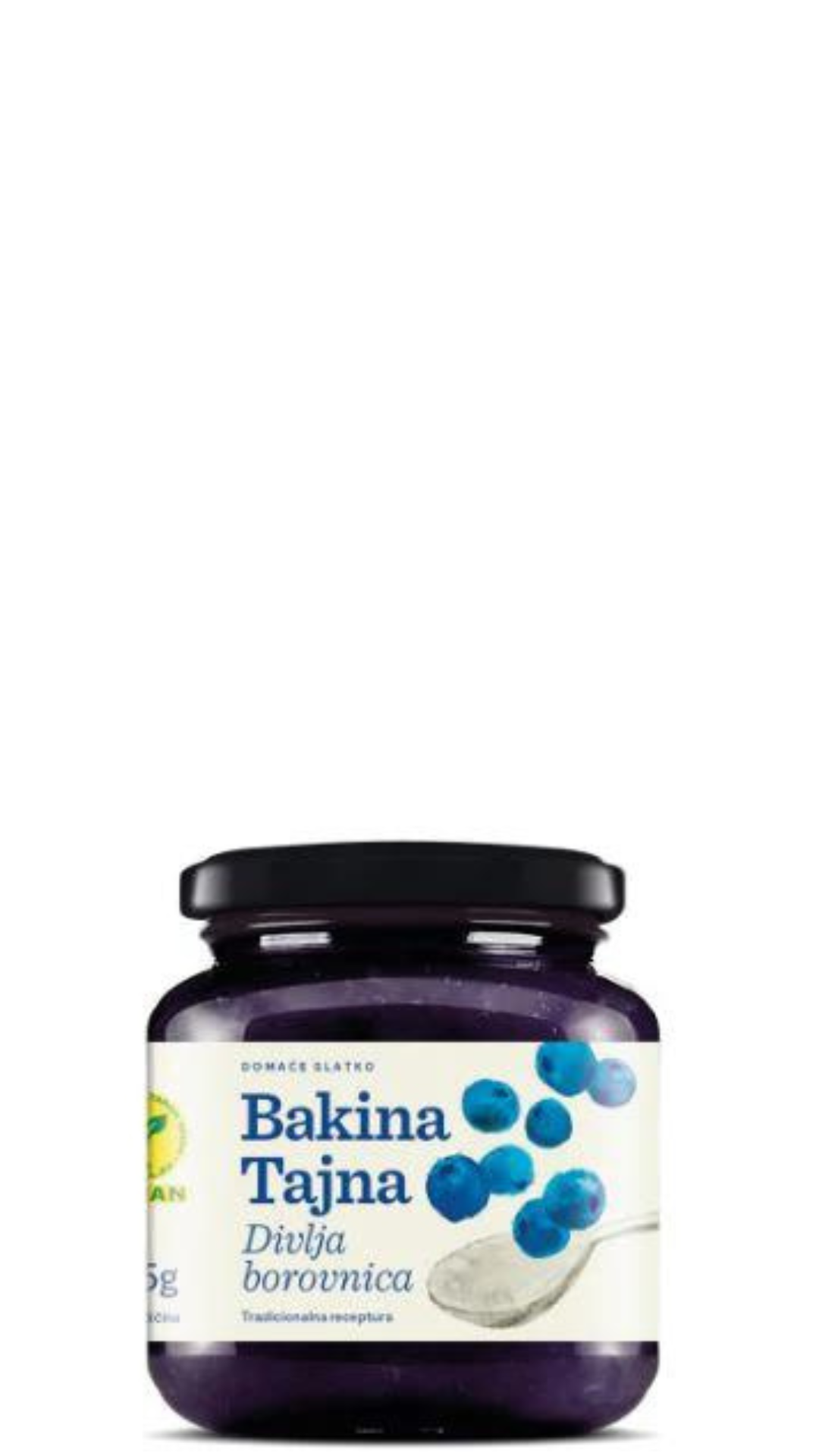 A jar of 'Granny's Secret Wild Blueberry Whole Fruit Preserve' with a label showing the product name and blueberries, indicating it is a blueberry flavored preserve.