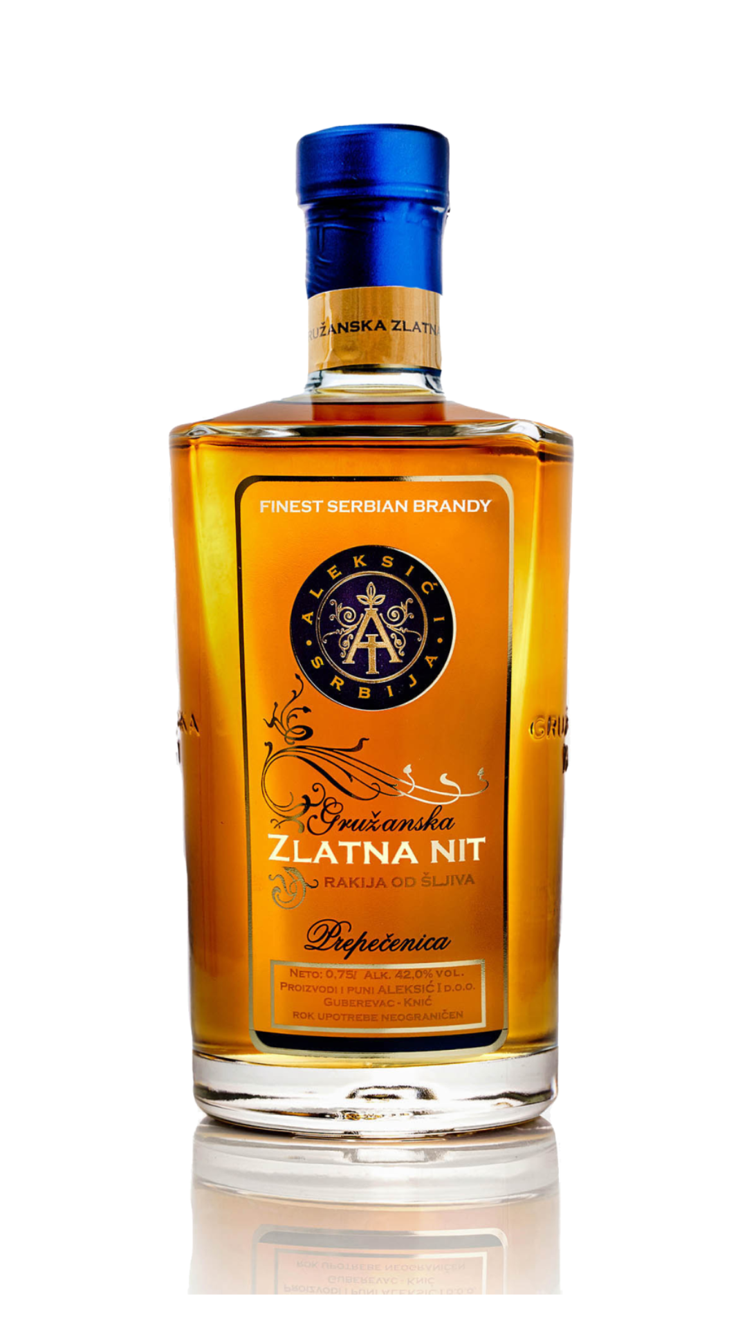 A bottle of Gruzanska Zlatna Nit Plum 750ml brandy with a blue cap and an orange label, indicating it is a product of Serbia and has an alcohol content of 40%.