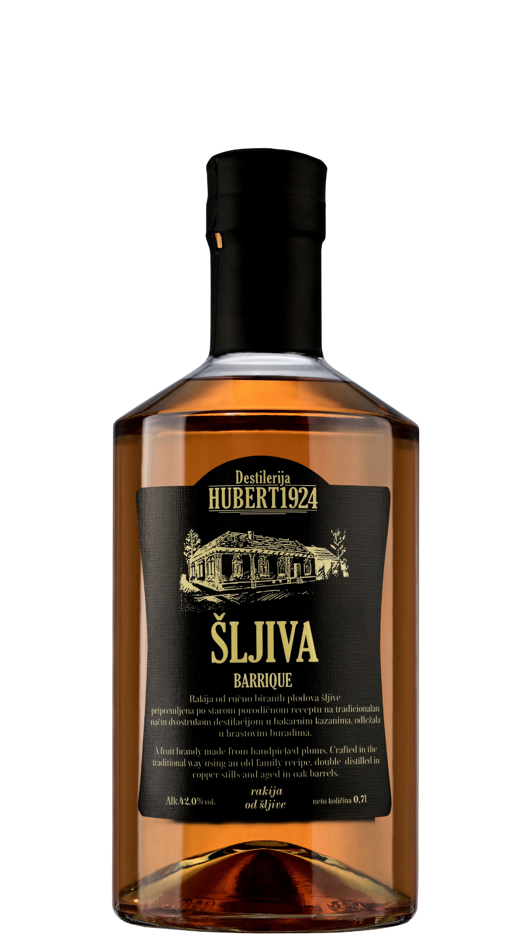 A bottle of Hubert Plum Brandy Barrique with a label displaying the brand name and the word 'SLJIVA' which is likely the type of plum used in the brandy. The bottle has a black cap and a clear amber-colored liquid inside.