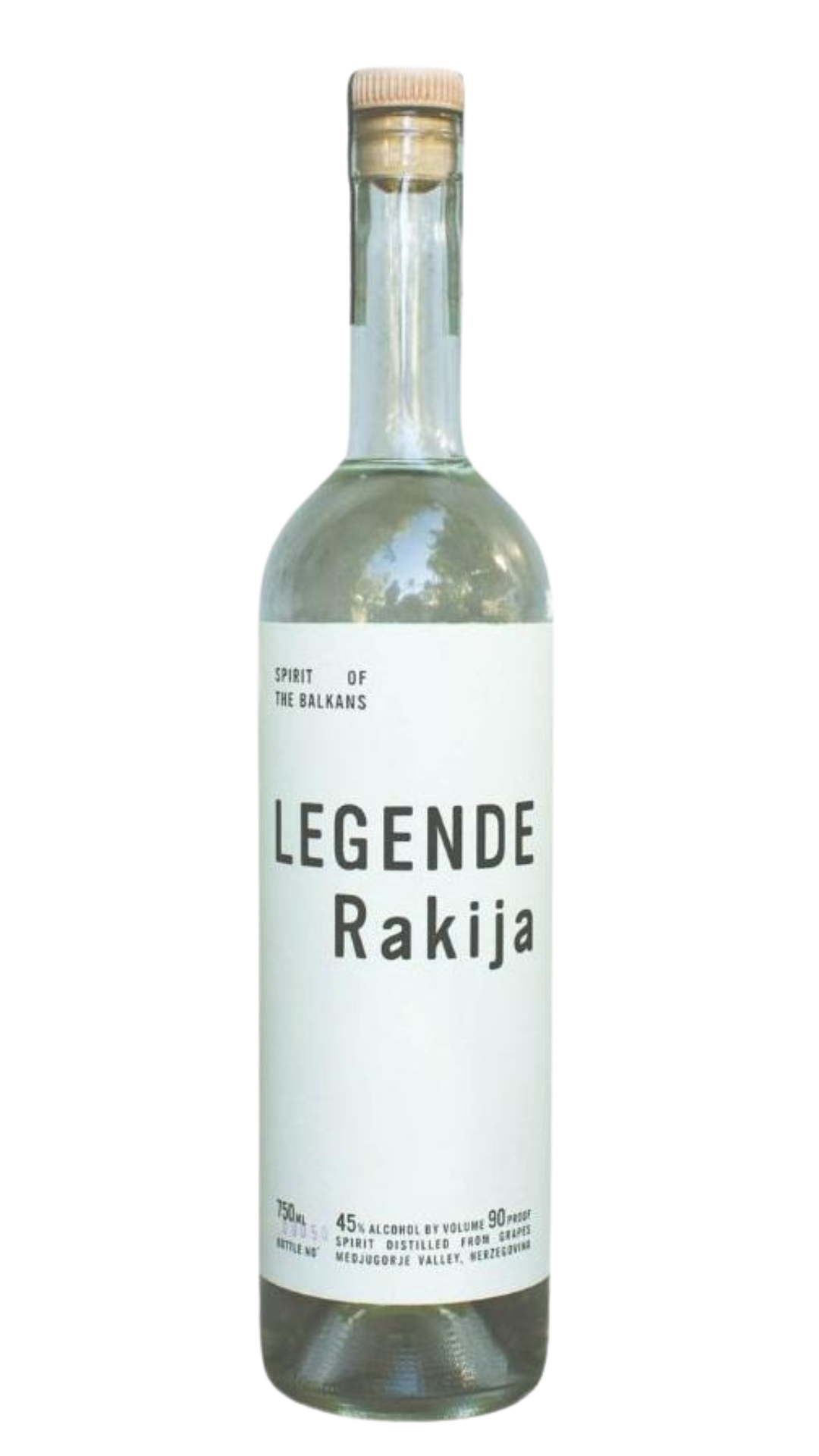 A bottle of Legende Rakija 750ml with a white label and clear contents.