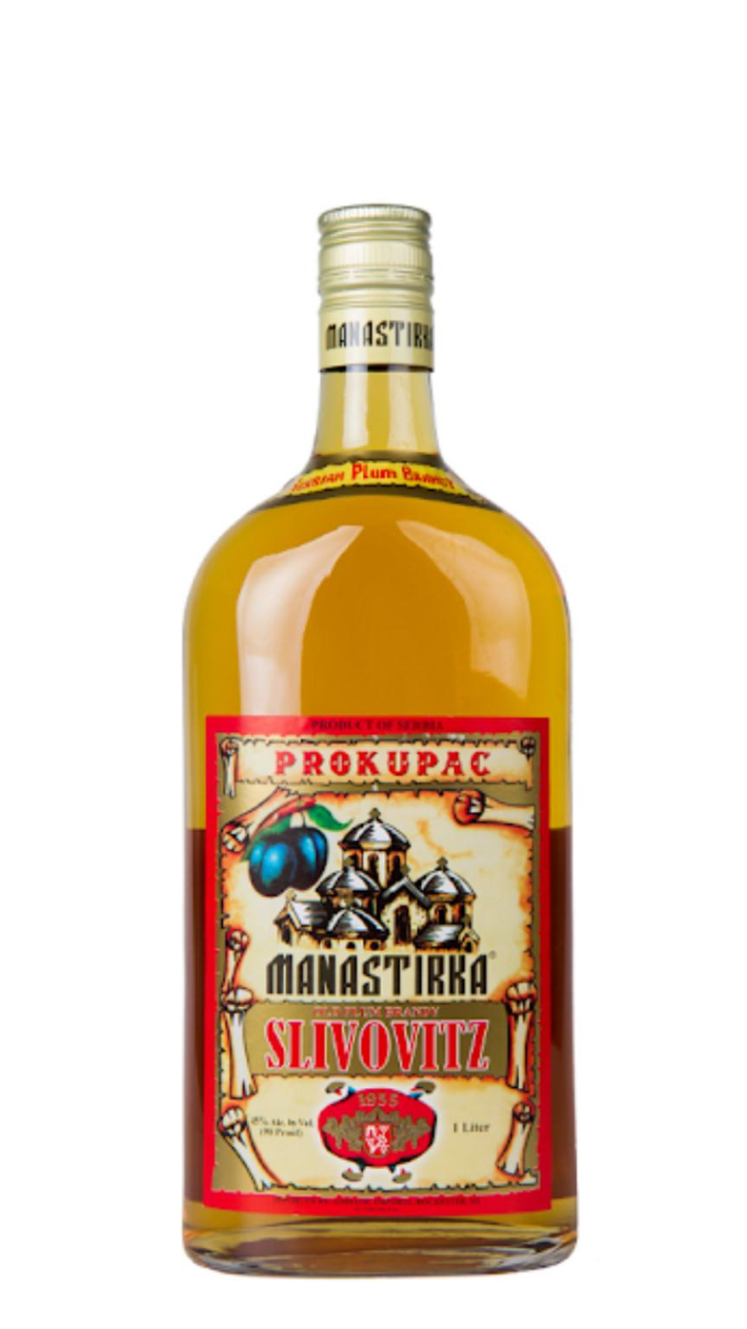 A bottle of Manastirka Prokupac plum brandy with a label featuring a illustration of a monastic figure and text, indicating the brand and type of product.