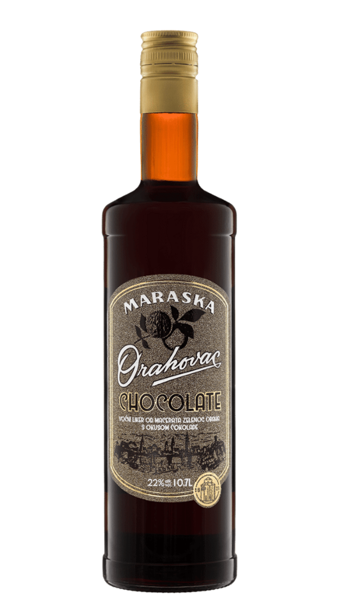 A bottle of Maraska Orahovac Chocolate Walnut Liqueur with a dark label and a golden cap, indicating a chocolate-flavored liqueur with walnut taste.