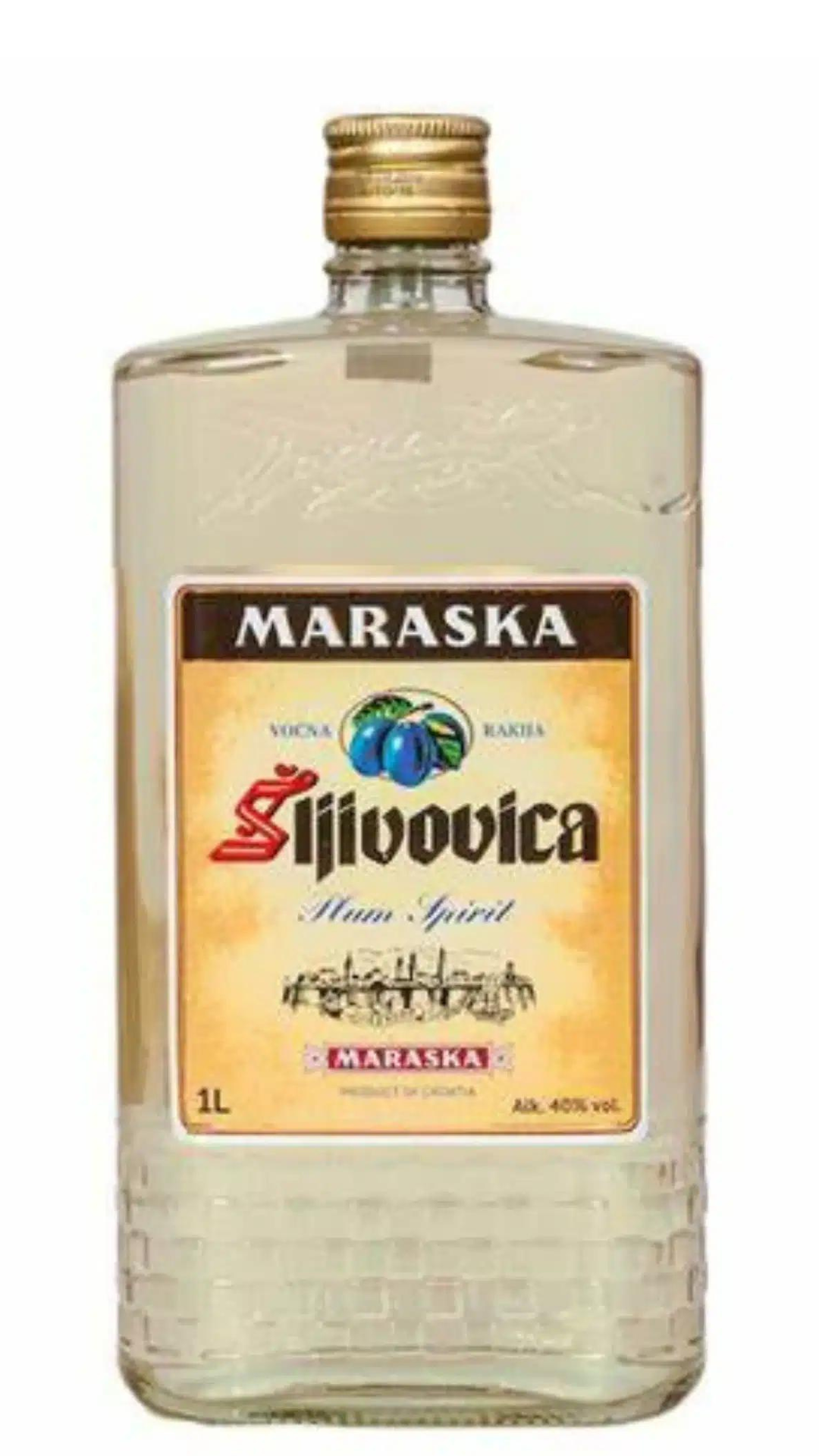 A bottle of Maraska Plum Brandy with a label showing the brand name and the text 'Slivovica Fine Spirit 1L'.