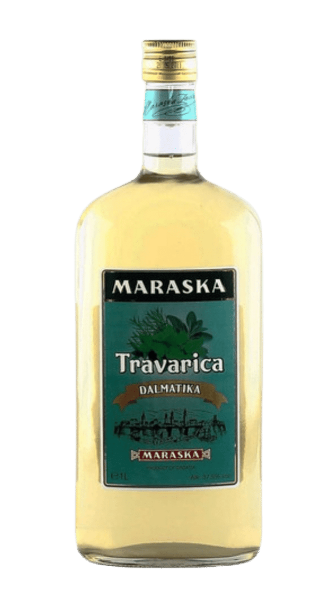 A bottle of Maraska Dalmatika Travarica, a Croatian herbal brandy, with a label indicating it is 1 litre in size and has an alcohol content of 37.5%.