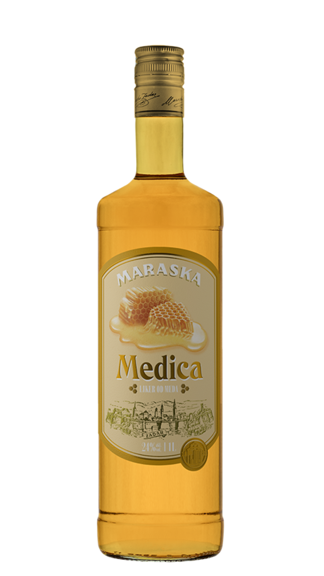A bottle of Maraska Honey Medica Liqueur with a label showing the brand name and the word 'Medica' indicating it is a honey brandy product.