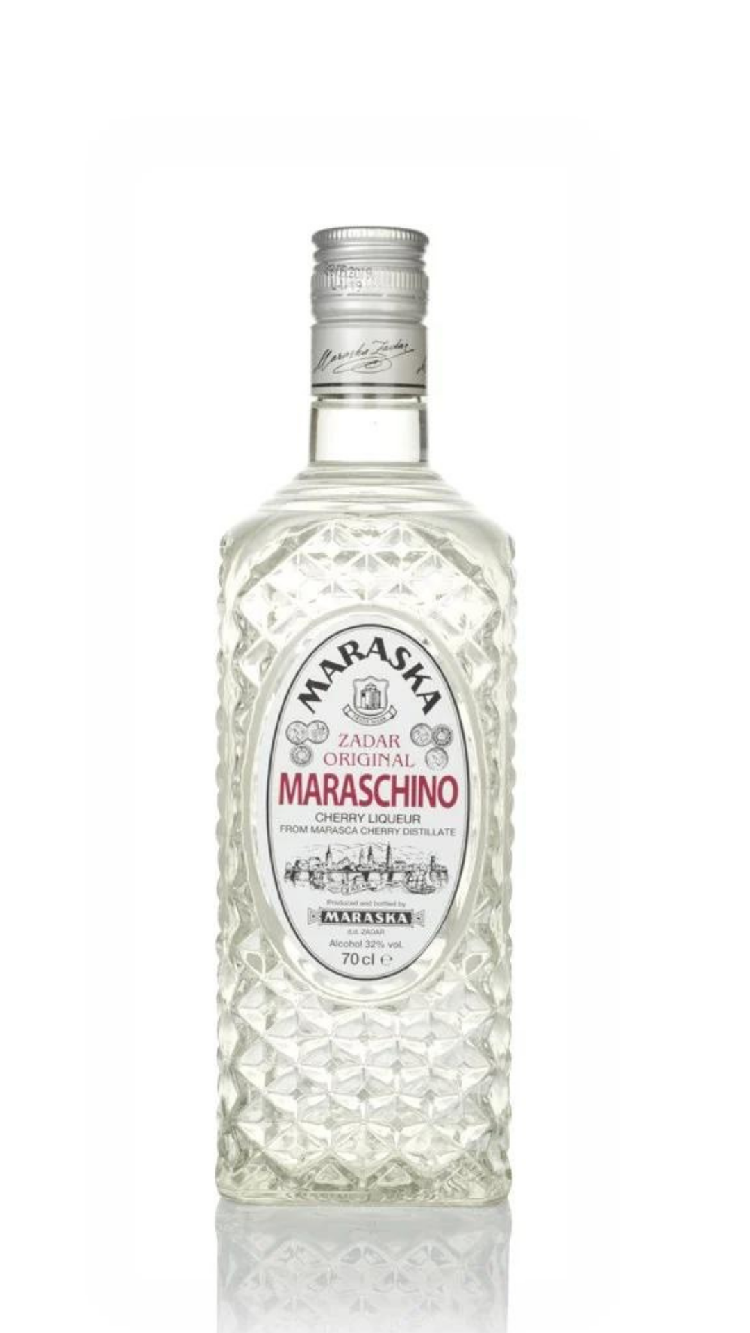 A bottle of Maraschino liqueur with a label displaying the brand, product name, and an illustration of a cityscape. The bottle has a textured surface and a classic shape.