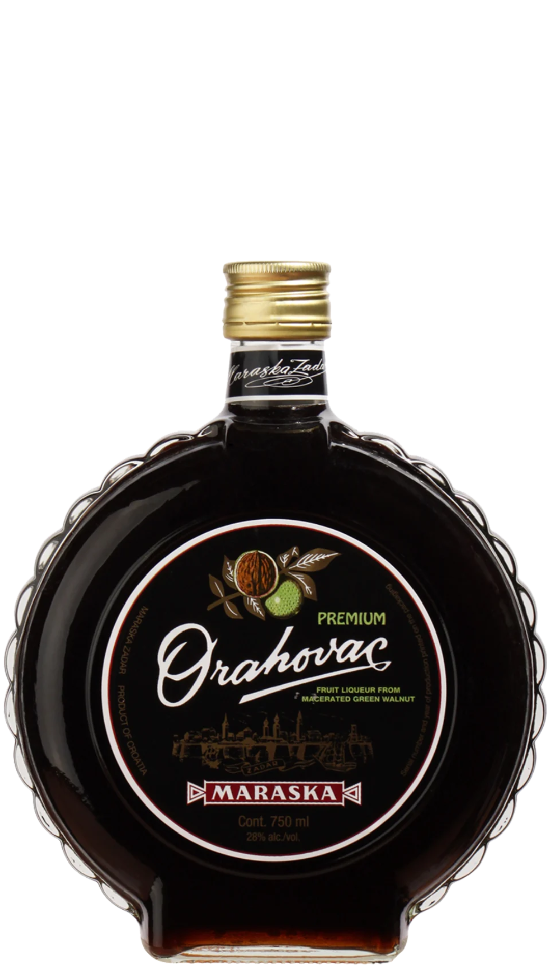A bottle of Maraska Orahovac walnut liqueur with a dark label and a gold-colored cap.