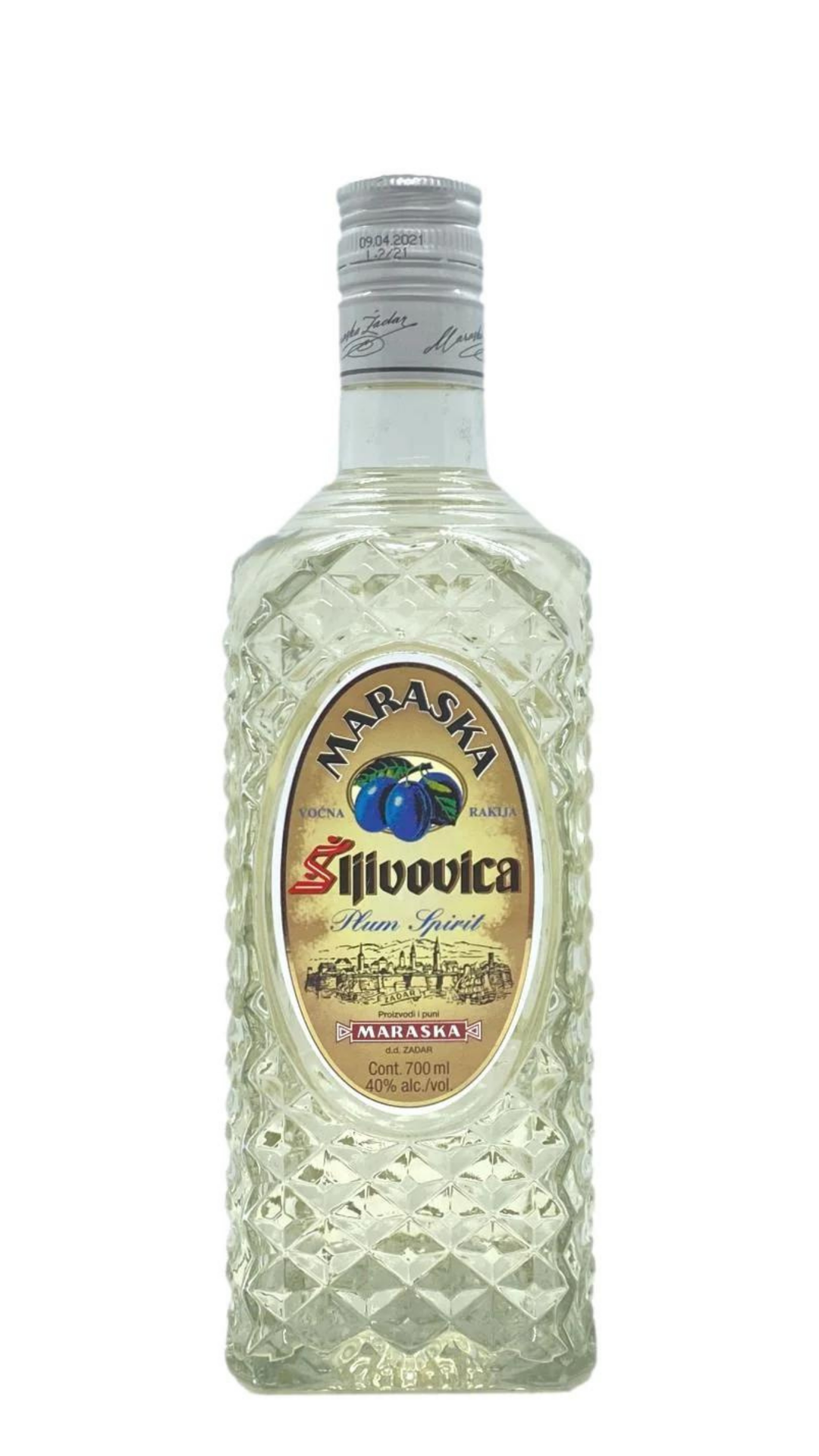 A bottle of Maraska Slivovitz, a type of Croatian plum brandy, with a label showing the brand name and the word 'Slivovitz' below. The bottle is transparent, revealing the light-colored liquid inside.