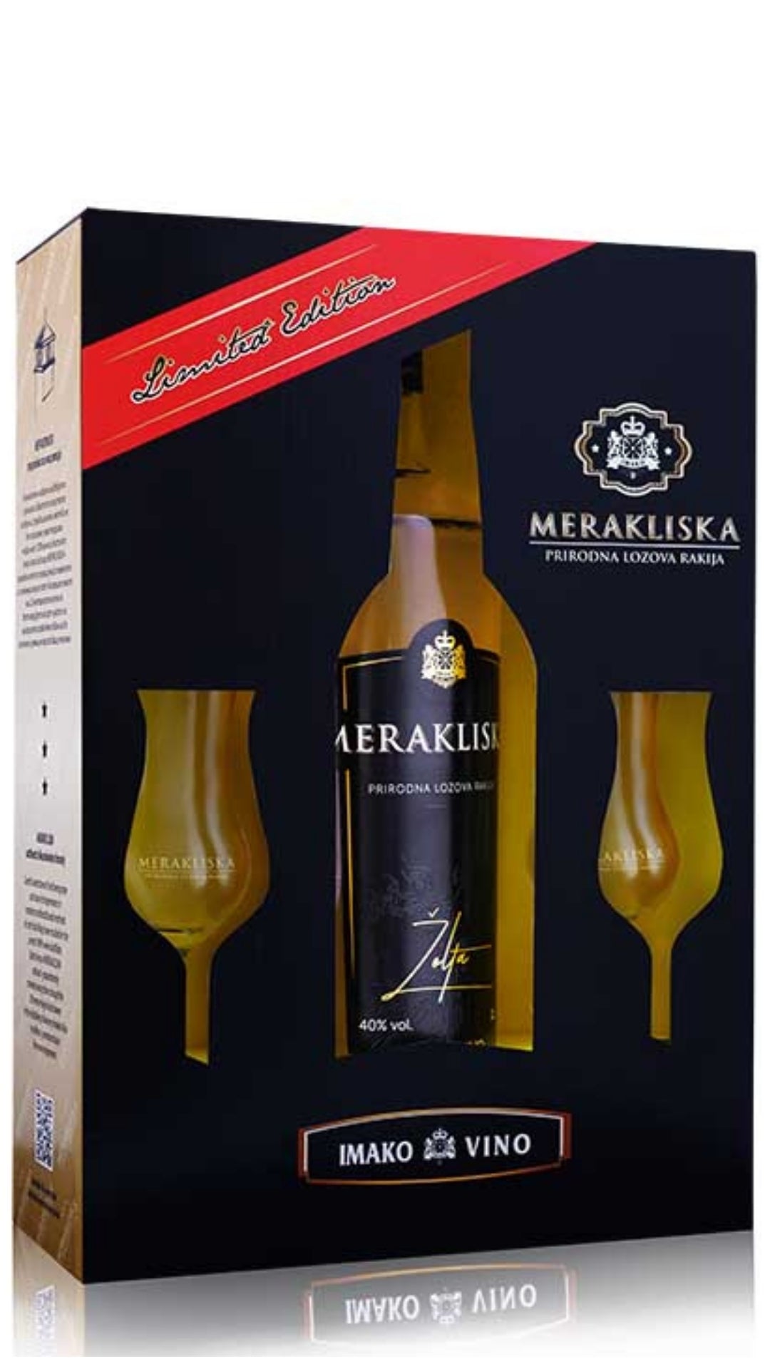 Merakliska rakija bottle with two glasses in a branded packaging box on a white background
