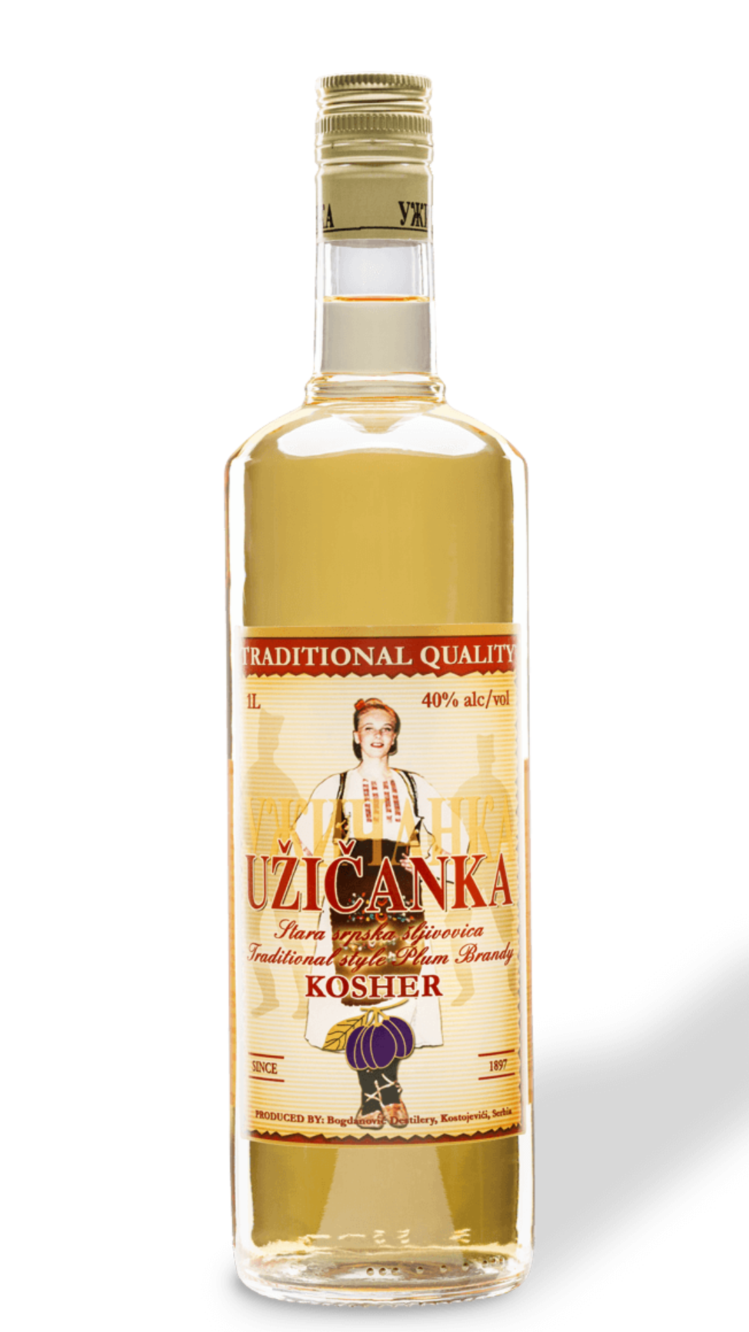 A bottle of Stara Sokolova Uzicanka brandy with a label featuring a traditional design