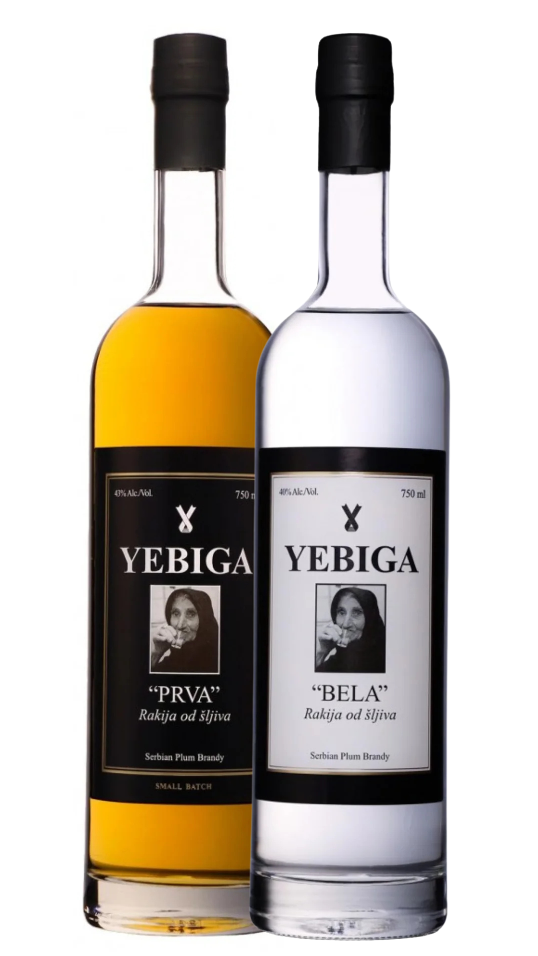 Two bottles of Yebiga rakija, one labeled 'PRVA' with a yellow hue and one labeled 'BELA' with a clear appearance, both against a white background.
