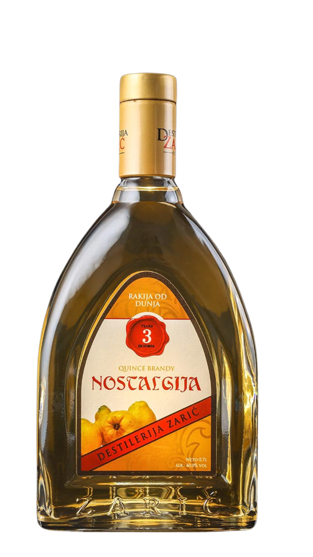 Bottle of Nostalgija Zaric Brandy with a gold cap on a white background

Details