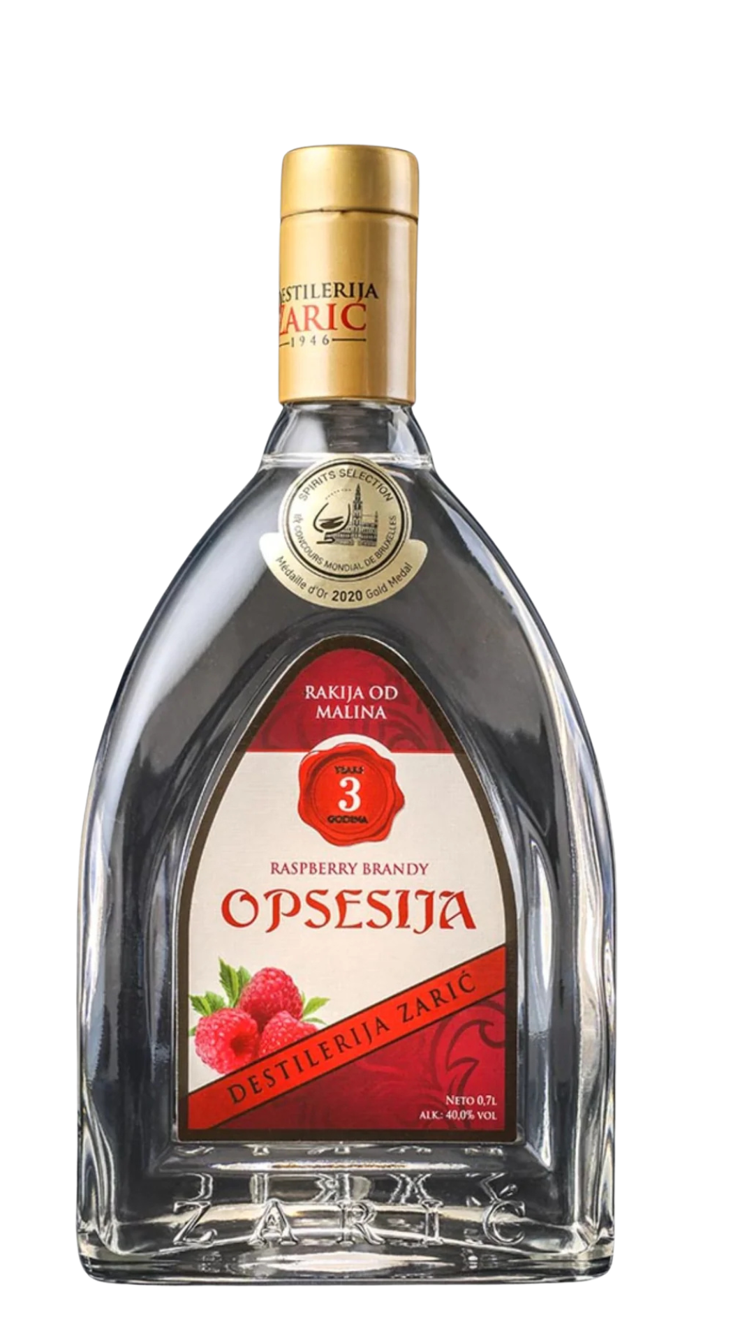Bottle of Zaric Opsestija liquor with a gold cap on a white background