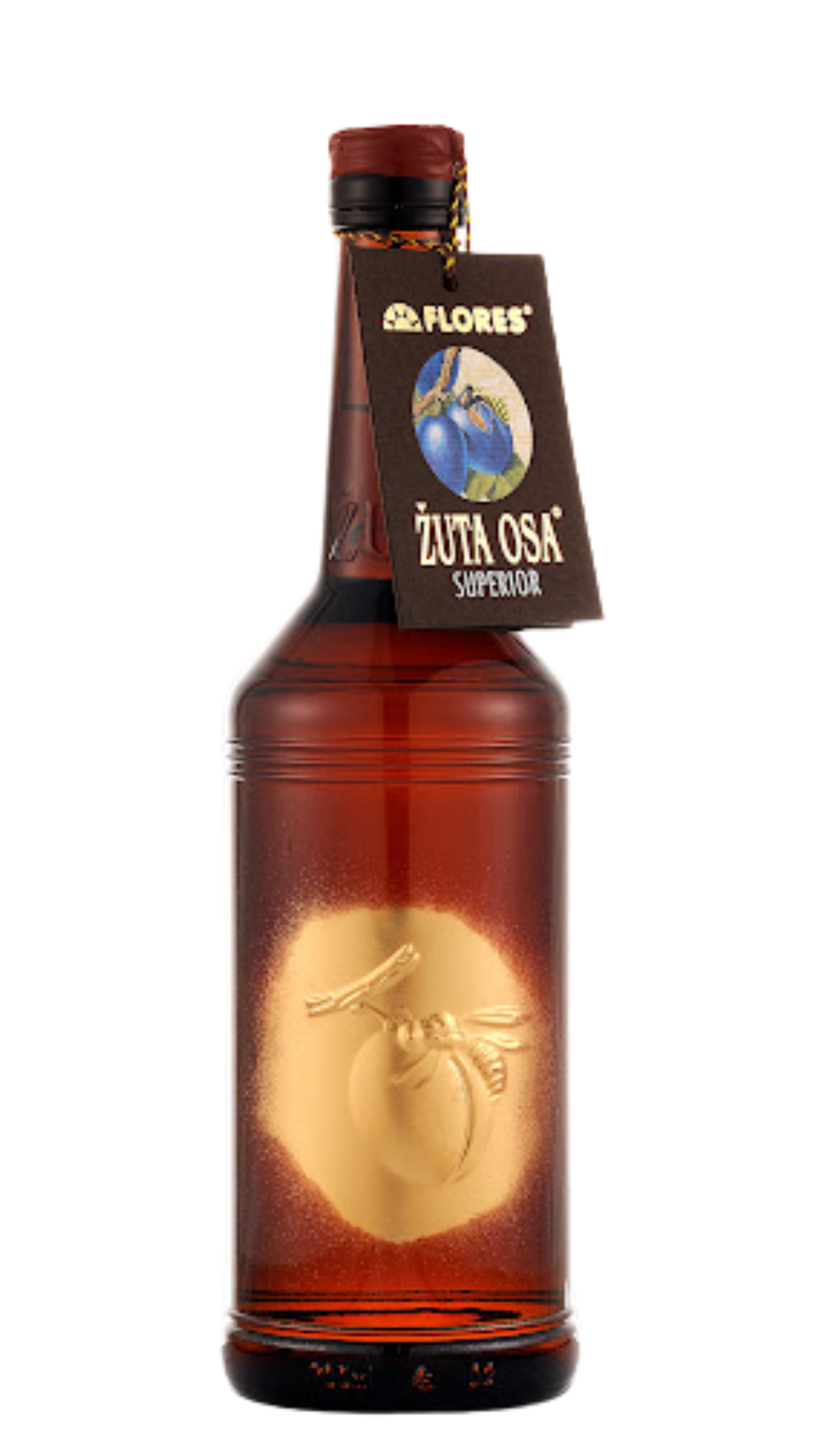 A bottle of Flores Zuta Osa Superior Slivovitz Plum Brandy with a label showing the product name and an image of a wasp, against a white background.