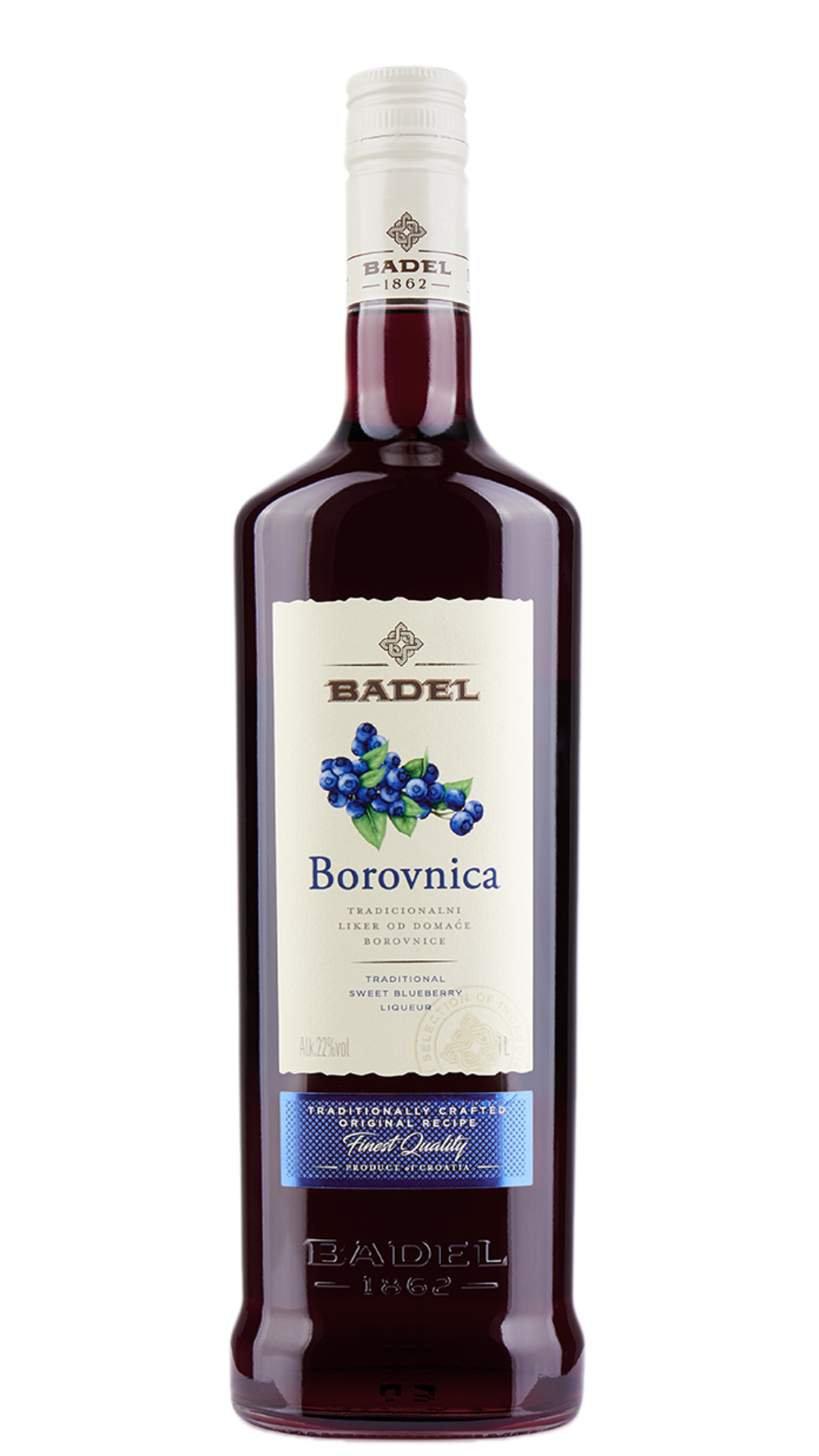 A bottle of Badel Blueberry Borovnica Liqueur with a label showcasing blueberries and the brand name.