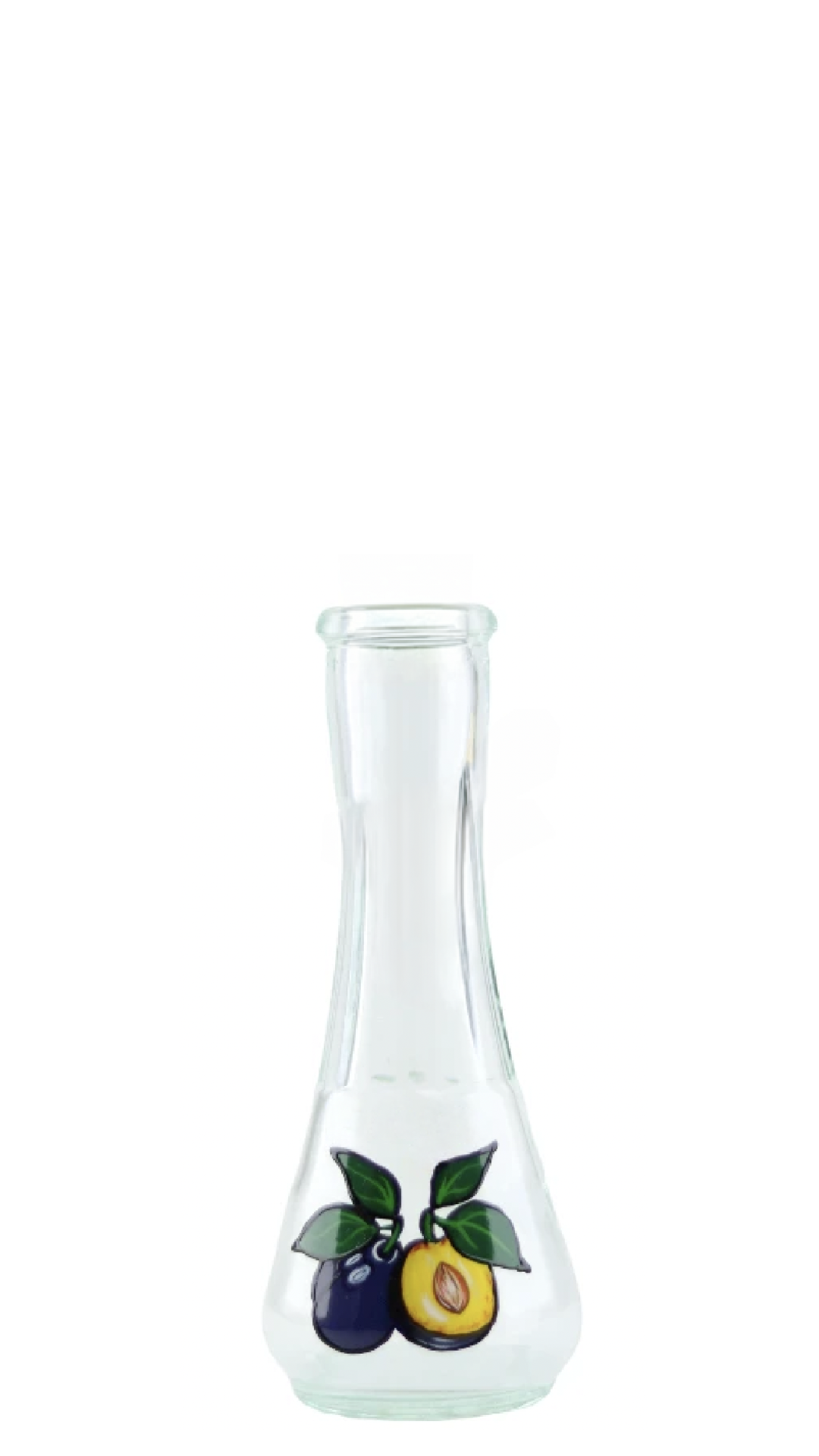 A clear glass with a traditional design, featuring a depiction of plums and leaves, intended for serving rakija.