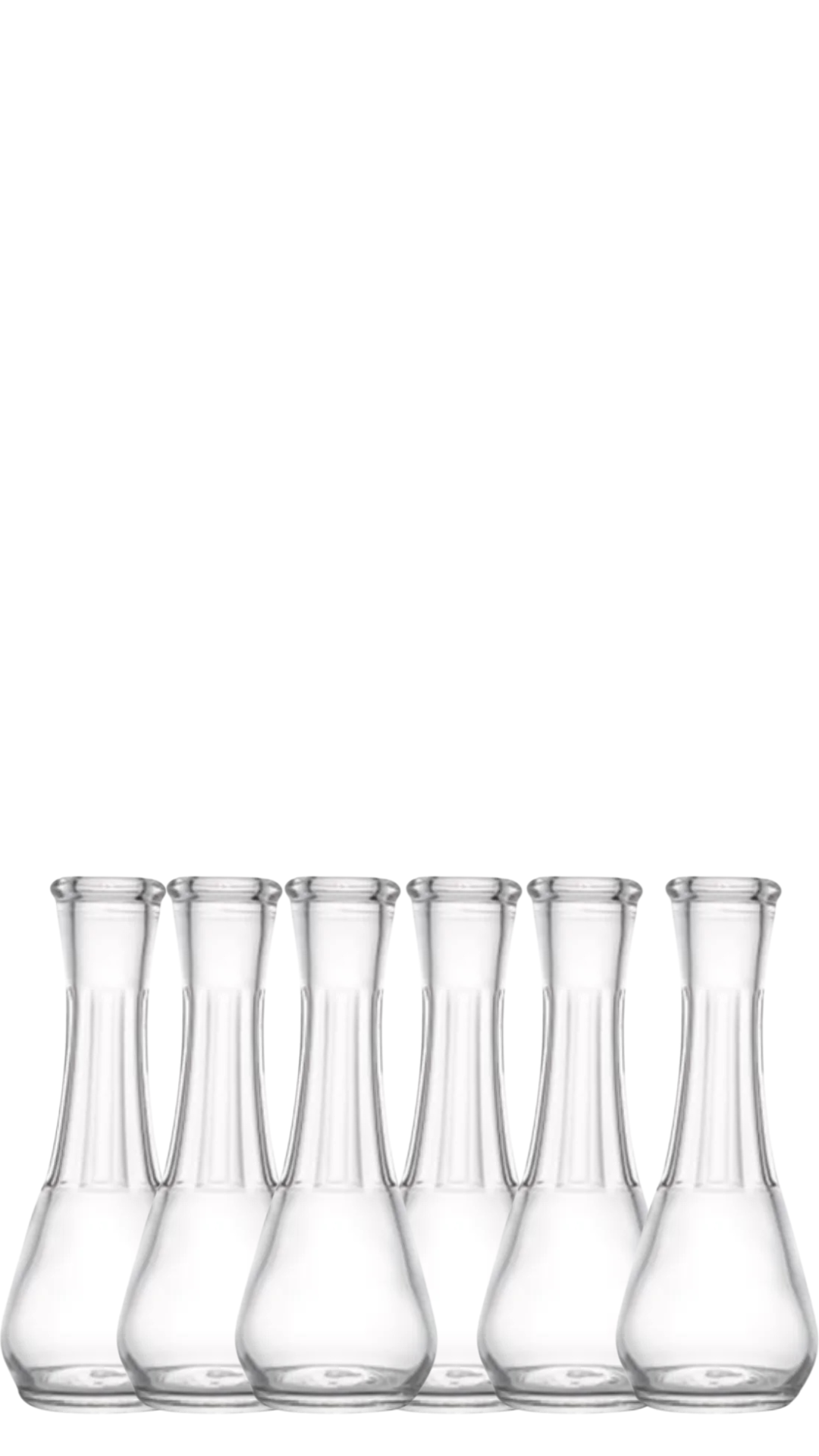 A set of six clear glass shot glasses, with a slender base and a narrow top, arranged side by side.