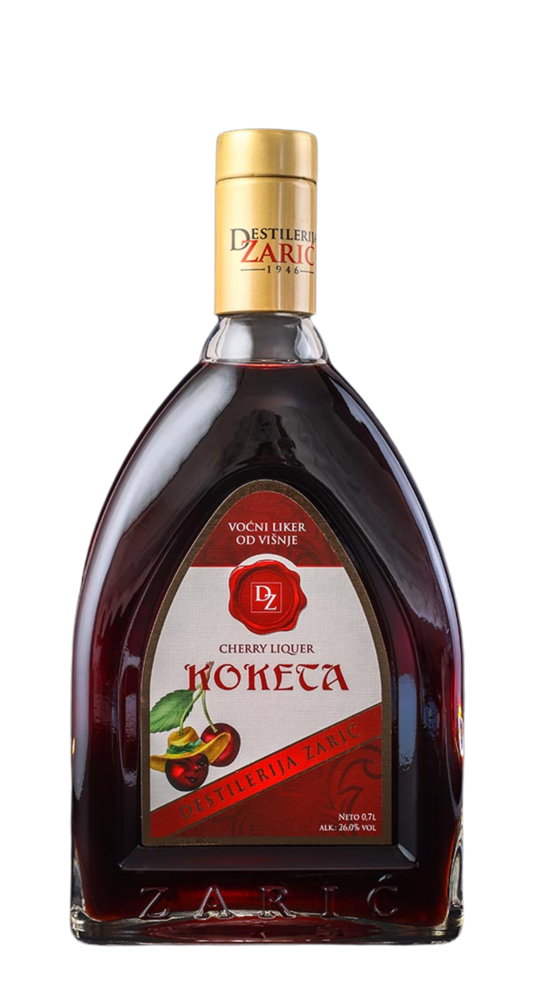 Bottle of Zaric Koketa cherry liqueur on a white background