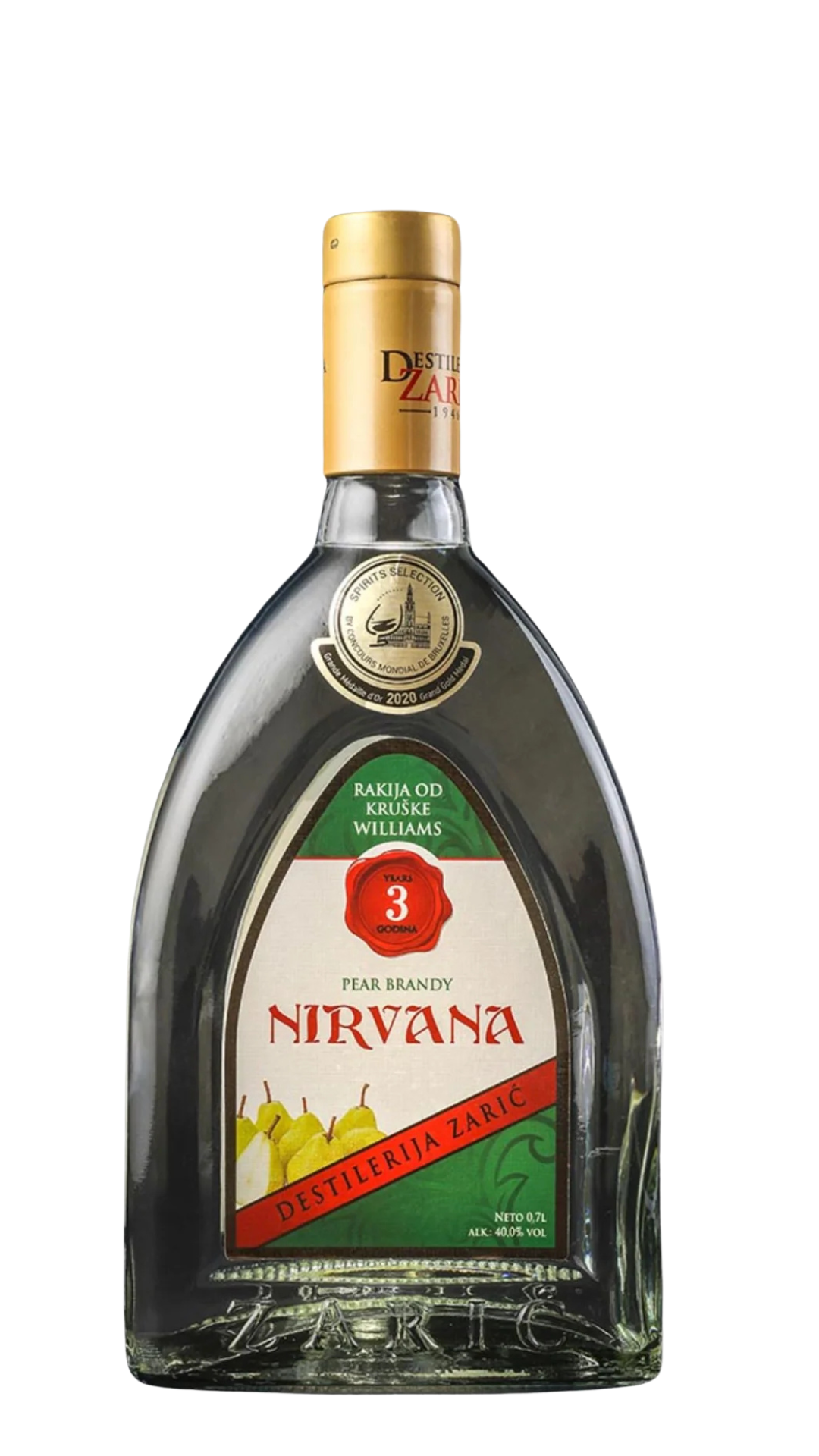 Bottle of Nirvana pear brandy with a gold cap on a white background